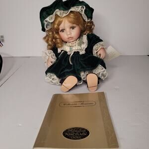 Vintage Porcelain Doll, Blonde Hair, Green & White Dress